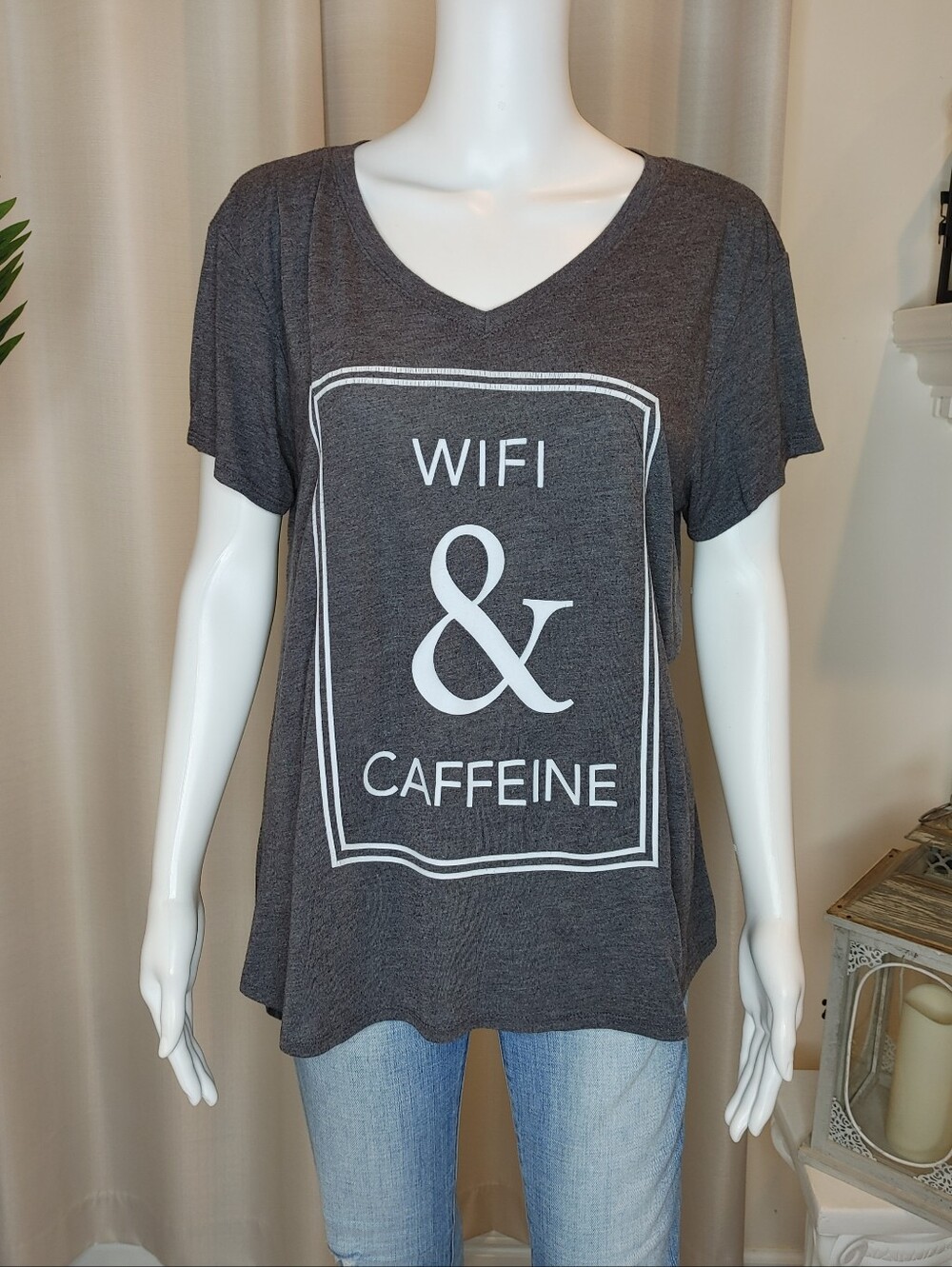 CHIN Up Apparel Wifi & Caffeine V-Neck Tee, Gray L